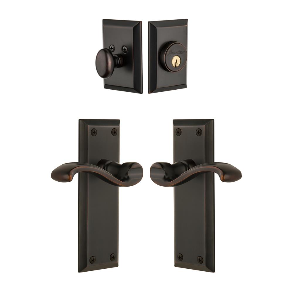 Grandeur by Nostalgic Warehouse Single Cylinder Combo Pack Keyed Differently - Fifth Avenue Plate with Portofino Lever and Matching Deadbolt in Timeless Bronze